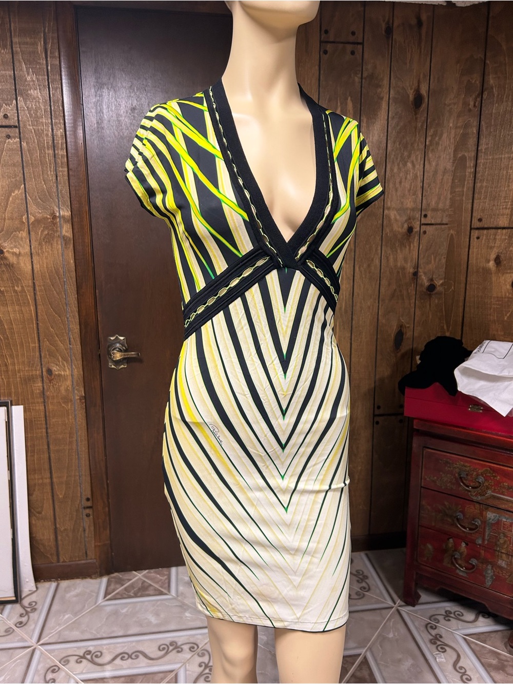 Striped V-Neck Short Sleeve Dress in Yellow & Black Roberto Cavalli